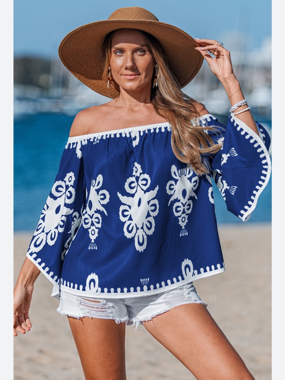 SHEIN Blue and White Off-Shoulder Embroidered Blouse
